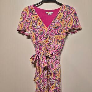 Boden 4R Evangeline Jersey Faux Wrap Dress Pink Yellow Paisley Short Sleeve